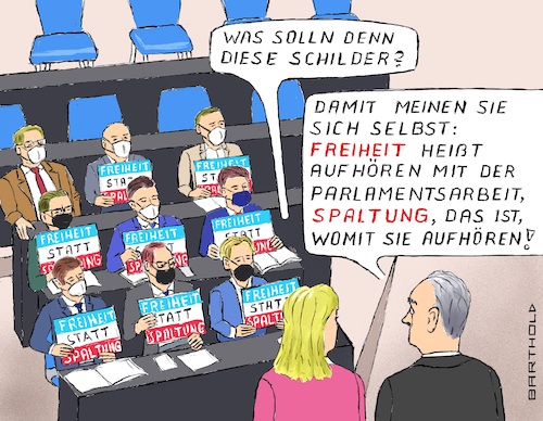 Cartoon: Schilda im Bundestag (medium) by Barthold tagged fragestunde,olaf,scholz,januar,12,2022,bundestag,störaktion,afd,schilder,freiheit,statt,spaltung,regelverstoß,uminterpretation,bezug,schilda,schildbürgerstreich,cartoon,karikatur,barthold,fragestunde,olaf,scholz,januar,12,2022,bundestag,störaktion,afd,schilder,freiheit,statt,spaltung,regelverstoß,uminterpretation,bezug,schilda,schildbürgerstreich,cartoon,karikatur,barthold