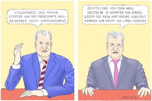 Cartoon: Seeh. der Opportunitätsschwätzer (medium) by Barthold tagged horst,seehofer,bundesinnenminister,opportunist,is,rückkehrer,einreiseanspruch,haftgründe,ermittlungsstand,syrien