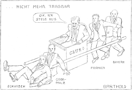 Cartoon: Seehofer nicht mehr tragbar (medium) by Barthold tagged abgabe,parteivorsitz,csu,christlich,soziale,union,horst,seehofer,regierungsbezirke,bayern,franken,oberpfalz,schwaben,treffen,10,november,2018,bezirkschefs,sänfte,träger,bruch,tragstange