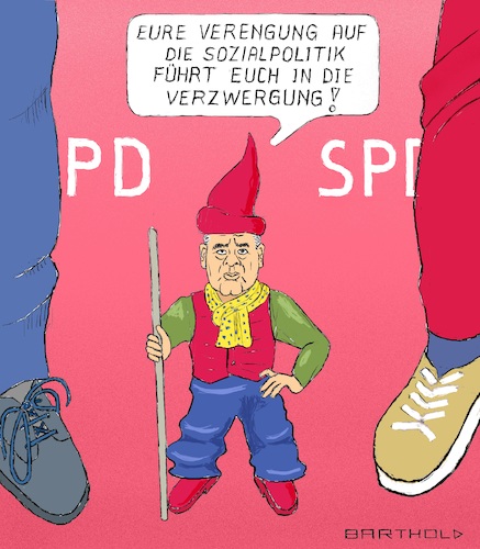 Cartoon: SPD-Berater Gabriel (medium) by Barthold tagged sigmar,gabriel,kommentierung,spd,parteitag,dezember,2019,berlin,saskia,esken,norbert,walter,borjans,verzwergung,gartenzwerg,betonung,sozialpolitik