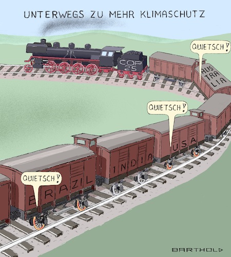 Cartoon: Staaten und Klima (medium) by Barthold tagged un,klimakonferenz,cop25,dezember,2019,madrid,bremser,brasilien,usa,australien,saudi,arabien,güterzug,dampflok,tender,wagons,bremserhäuschen,glühende,räder,quietschen