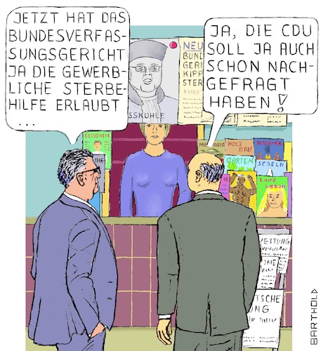 Cartoon: Sterbehilfe (medium) by Barthold tagged bundesverfassungsgericht,urteil,februar,26,2020,entscheidung,legalität,gewerbliche,sterbehilfe,cdu,zeitungskiosk,andreas,vosskuhle,paragraf,217,stgb,karikatur,barthold,bundesverfassungsgericht,urteil,februar,26,2020,entscheidung,legalität,gewerbliche,sterbehilfe,cdu,zeitungskiosk,andreas,vosskuhle,karikatur,barthold