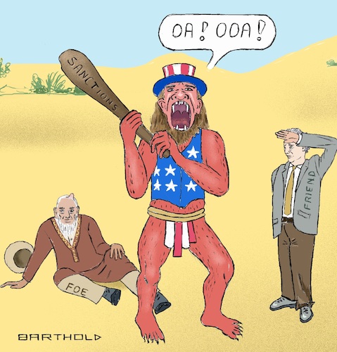 Cartoon: Stone Age Revival (medium) by Barthold tagged america,uncle,sam,nordstream,sanctions,allseas,neandertaler,law,jungle,stone,age,caveman,national,egoism,arrogance,disrespect,souvereignty