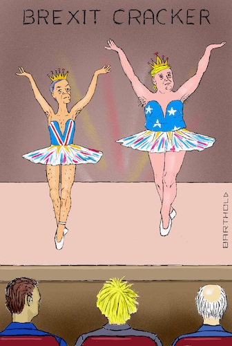 Cartoon: Sublime Seduction (medium) by Barthold tagged british,election,campaigns,parliament,december,2019,boris,johnson,tories,nigel,farage,ukip,hard,brexit,free,trade,agreement,ballet,dancer,audience,donald,trump,usa,interference,nut,cracker,tschaikowski