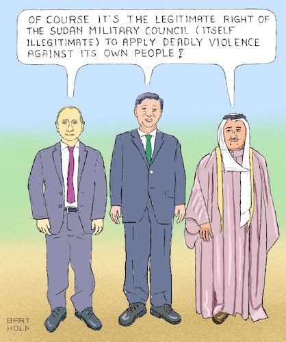 Cartoon: Sudan - Veto on UN Resolution (medium) by Barthold tagged national,uprising,sudan,military,council,abdel,fattah,al,burhan,wladimir,putin,xi,jinping,united,nations,security,veto,power,misusage,cynicism,human,rights,china,russia,kuwait