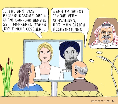 Cartoon: Taliban verschwunden (medium) by Barthold tagged afghanistan,taliban,vizeregierungschef,verhandlungsführer,katar,doha,gemäßigt,streit,regierung,verschwinden,reise,kandahar,sachlage,unklar,ehepaar,fernseher,marietta,slomka,schicksal,jamal,khashoggi,cartoon,karikatur,barthold,afghanistan,taliban,vizeregierungschef,verhandlungsführer,katar,doha,gemäßigt,streit,regierung,verschwinden,reise,kandahar,sachlage,unklar,ehepaar,fernseher,marietta,slomka,schicksal,jamal,khashoggi,cartoon,karikatur,barthold