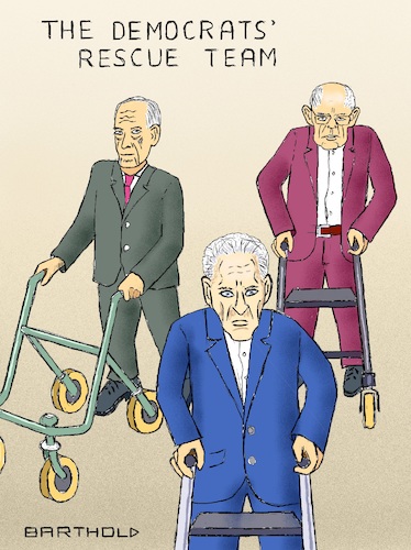 Cartoon: The Democrats Rescue Team (medium) by Barthold tagged usa,united,states,america,michael,bloomberg,bernie,sanders,joe,biden,walking,frame,rollator,presidential,election,2020