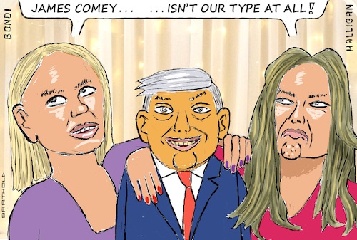 Cartoon: The New Objectivity (medium) by Barthold tagged indictment,james,comey,former,fbi,director,players,attorney,general,pam,bondi,lindsey,halligan,lawyer,engaged,in,classified,documents,affair,mar,lago,maralago,cartoon,caricature,barthold,indictment,james,comey,former,fbi,director,players,attorney,general,pam,bondi,lindsey,halligan,lawyer,engaged,in,classified,documents,affair,mar,lago,maralago,cartoon,caricature,barthold