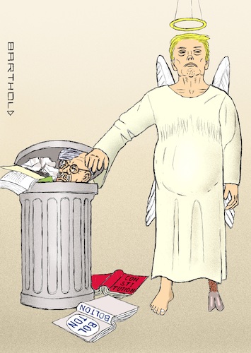 Cartoon: Trump - Angel of Innocence (medium) by Barthold tagged donald,trump,impeachment,ukraine,affair,abuse,power,senate,vote,acquittal,angel,innocence,wings,halo,cloven,hoof,book,memoirs,room,happened,constitution,trash,can,waste,paper,caricature,barthold,farce,obstruction,constitutionality