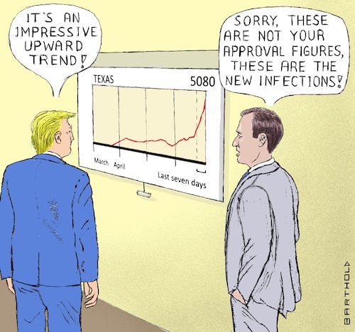 Cartoon: Trump Enjoys Chart (medium) by Barthold tagged donald,trump,jared,kushner,corona,pandemic,mitigation,measures,infection,rate,lock,down,economy,preference,reelection,republican,governors,footmen,caricature,barthold,donald,trump,jared,kushner,corona,pandemic,mitigation,measures,infection,rate,lock,down,economy,preference,reelection,republican,governors,footmen,caricature,barthold