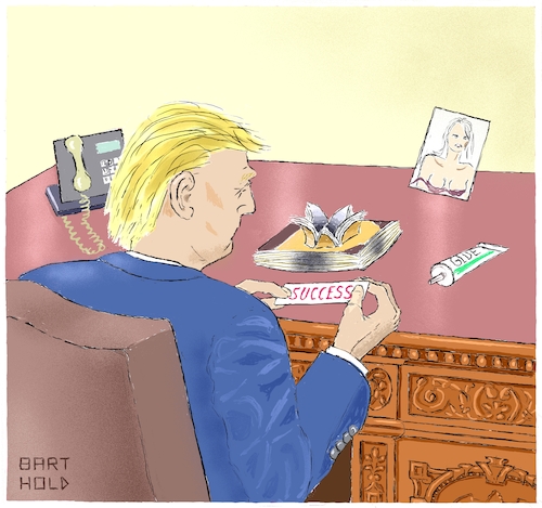 Cartoon: Trump Reworking his Summit (medium) by Barthold tagged summit,hanoi,february,2019,usa,donald,trump,north,korea,kim,jong,un,cut,short,collapse,failure,desk,white,house,labelling,success,treaty,explosion,damage,copy,contract