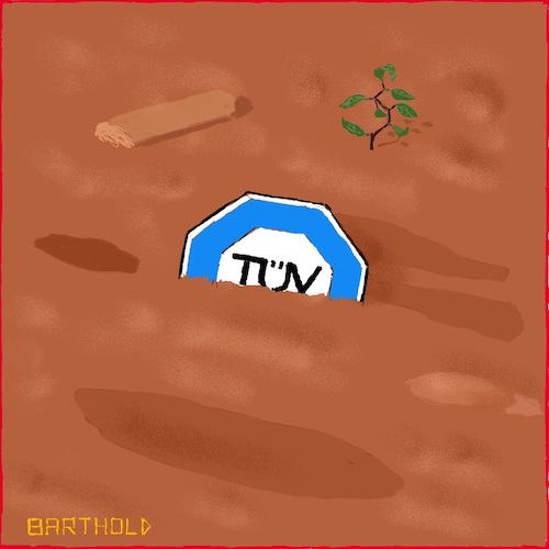 Cartoon: TÜV Süd Desaster in Brasilien (medium) by Barthold tagged eisenerzmine,vale,company,rückhaltebecken,dammbruch,überschwemmung,brasilien,minas,gerais,brumadinho,tüv,süd,thyssenkrupp,todesopfer,verwüstungen,überflutung