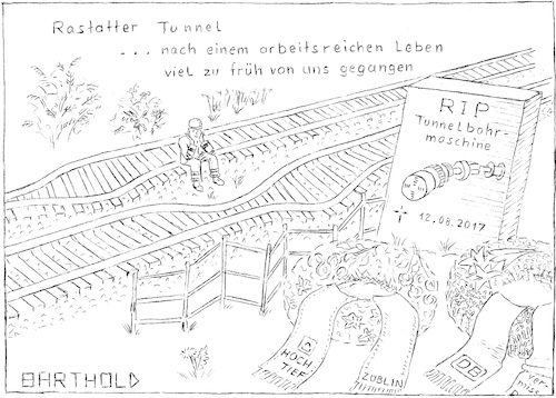 Cartoon: Tunnelbau Fehlversuch (medium) by Barthold tagged rastatt,tunnel,tunnelneubau,rheintalbahn,unterbrechung,bahnbetrieb,züblin,hochtief,tunnelbohrmaschine,tunnelvortriebsmaschine,beton,betonverfüllung,deutsche,bundesbahn,tunnelunfall,tunnelsicherung,vereisung,12,08,2017,12082017,20170812,grab,grabstein,grabkranz,bahnarbeiter