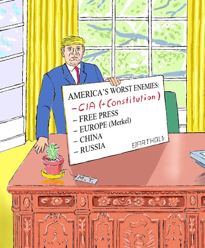 Cartoon: Ukraine Affair - List Amendment (medium) by Barthold tagged donald,trump,president,usa,allegation,collusion,conspiracy,foreign,power,election,competitor,joe,biden,hunter,ukraine,volodymyr,zelensky,phone,call,prosecution,abuse,whistleblower,cia,enemy,list,oval,office,resolute,desk,signboard,impeachment