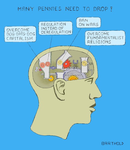 Cartoon: UN Report on Sustainability 2019 (medium) by Barthold tagged un,united,nations,report,sustainability,2019,economy,environment,greenhouse,emissions,conservation,resources,recycling,gender,equality,access,water,food,education,health,care,prevention,war,expulsion,penny,dropping,head,cross,section,brain,mechanism,coin