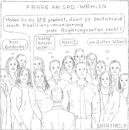 Cartoon: Verweigerungspartei SPD (medium) by Barthold tagged große,koalition,groko,spd,union,cdu,csu,martin,schulz,bundestagswahl,2017,scheitern,jamaika,sondierungen,wählerbefragung