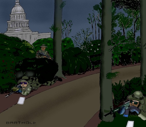 Cartoon: Oath Keepers waitng f.March Ord. (medium) by Barthold tagged donald,trump,threat,civil,war,oath,keepers,united,constitutional,patriots,minuteman,project,capitol,washington,smartphone,march,order,park,darkness,impeachment,militiaman,militiamen,night,scene