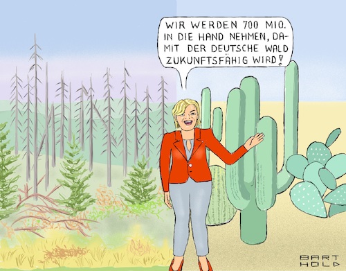 Cartoon: Wald der Zukunft (medium) by Barthold tagged julia,klöckner,landwirtschaftsministerin,deutscher,wald,trockenheit,trockenstress,borkenkäfer,waldsterben,aufforstung,nachhaltigkeit,resistente,arten,klimawandel,treibhausgase,700,millionen,euro,investitionsprogramm,corona,konjunkturpaket,kakteenwald,cartoon,karikatur,barthold,julia,klöckner,landwirtschaftsministerin,deutscher,wald,trockenheit,trockenstress,borkenkäfer,waldsterben,aufforstung,nachhaltigkeit,resistente,arten,klimawandel,treibhausgase,700,millionen,euro,investitionsprogramm,corona,konjunkturpaket,kakteenwald,cartoon,karikatur,barthold