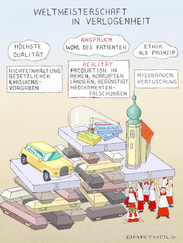 Cartoon: Weltmeistersch. in Verlogenheit (medium) by Barthold tagged weltmeisterschaft,verlogenheit,automobilindustrie,überschreitung,grenzwerte,stickoxide,emissionen,dieselskandal,schummelsoftware,abschalteinrichtungen,pharmaindustrie,produktion,länder,dritten,welt,korruption,mangelnde,überwachung,medikamentenfälschungen,todesfälle,gewinnmaximierung,hohe,aktienkurse,dividendenzahlungen,kirche,missbrauch,vertuschung,aufarbeitung,ethischer,anspruch,siegertreppchen,suv,retorte,medikamente,dorfkirche,sarg,särge,ministrant,ministranten