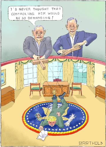 Cartoon: Wild President Tamers (medium) by Barthold tagged donald,trump,book,bob,woodward,fear,john,kelly,james,mattis,marionette,theater,string,puppet,white,house,oval,office,american,president,seal,tamer,effort,excursiveness,modiness,immorality,blushing,popping,veins