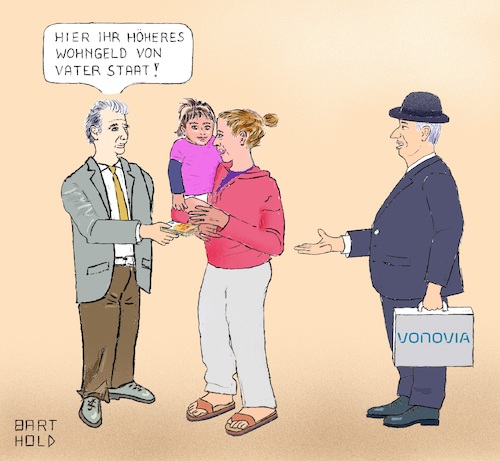 Cartoon: Wohngelderhöhung (medium) by Barthold tagged wohngelderhöhung,teure,mieten,mietwucher,privatisierung,börsennotiert,shareholder,dividende,vonovia,gagfah,annington,subventionierung