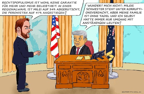 Cartoon: Writing on the Wall (medium) by Barthold tagged javier,milei,wahl,provinz,buenos,aires,partei,libertad,avanza,verluste,peronisten,gewinnen,stimmen,korruptionsvorwürfe,gegen,schwester,des,präsidenten,karina,gesprächsthema,jd,vance,trump,saubere,weste,anspielung,freundschaft,jeffrey,epstein,oval,office,cartoon,karikatur,barthold,javier,milei,wahl,provinz,buenos,aires,partei,libertad,avanza,verluste,peronisten,gewinnen,stimmen,korruptionsvorwürfe,gegen,schwester,des,präsidenten,karina,gesprächsthema,jd,vance,trump,saubere,weste,anspielung,freundschaft,jeffrey,epstein,oval,office,cartoon,karikatur,barthold