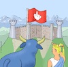 Cartoon: Die Alpenfestung (small) by Barthold tagged beziehung,schweiz,eu,rahmenabkommen,einseitiger,ausstieg,festung,alpenpanorama,flagge,stinkefinger,mythologie,stier,europa,cartoon,karikatur,barthold