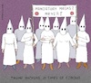 Cartoon: Trump Backers in Times of Corona (small) by Barthold tagged donald,trump,president,usa,backers,ku,klux,klan,corona,virus,covid,19,sars,cov2,pointy,hood,white,robe,breathing,mask,rally,demonstration,banner,cartoon,caricature,barthold