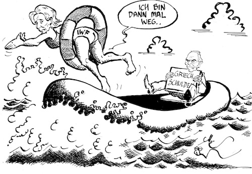 Cartoon: Der IWF setzt sich ab (medium) by Michael Riedler tagged iwf,lagarde,griechenland,krise,schuldenkrise,schäuble,schulden,währungsfonds