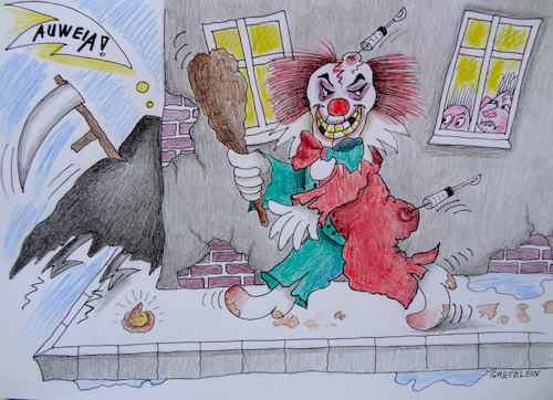 Cartoon: gruselclown und sensenmann (medium) by katzen-gretelein tagged gruselclown,sensenmann,horror