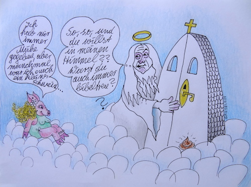 Cartoon: kleines schweinchen will in den (medium) by katzen-gretelein tagged schweine,himmel,der,liebe,gott