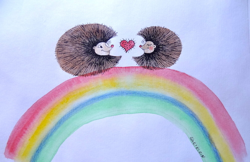 Cartoon: regenbogen date (medium) by katzen-gretelein tagged igel,liebe,mann,und,frau,regenbogen