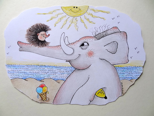 Cartoon: unter südlicher sonne (medium) by katzen-gretelein tagged sonne,strand,meer,igel,elefant,badeöl