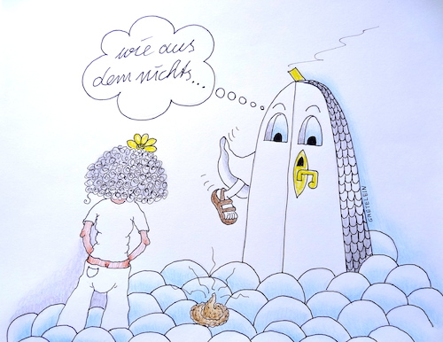 Cartoon: wie aus dem nichts ... (medium) by katzen-gretelein tagged himmel,blumenkind,bekannte,persönlichkeit,petrus,wolken,himmelspforte,religion,kommune