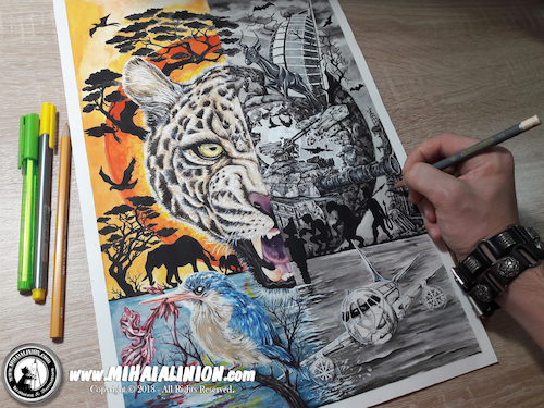 Cartoon: Drawing Eziyize - Dark Art (medium) by Art by Mihai Alin Ion tagged drawing,illustration,painting,darkart,eziyize,mihaialinion,tiger,savanah,pencildrawing,mixedmedia