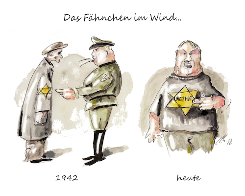 Cartoon: Fähnchen im Wind (medium) by OTTbyrds tagged verhöhnung,kalkulierter,tabubruch,missbrauch,schamlos,gleichsetzung,demonstranten,afdnazis,extremisten,halle,judenstern,antisemitismus,widerwärtig,ungeimpft,holocaust,corona,impfgegner