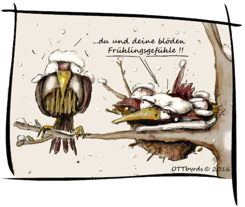 Cartoon: Schlechtes Timing (medium) by OTTbyrds tagged frühlingsgefühle,brüten,schneeeinfall,aprilwetter,ottbyrds,paarungverhalten,vogelnest