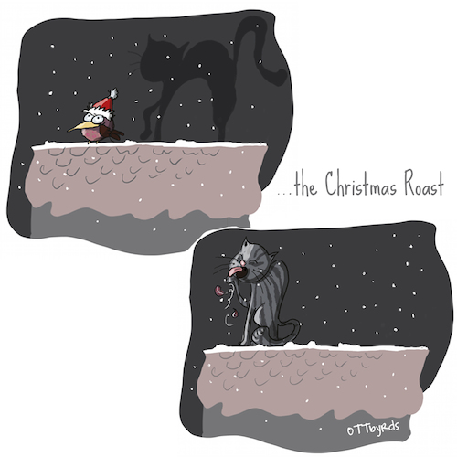 Cartoon: The Christmas Roast (medium) by OTTbyrds tagged christmas,roast,cat,bird,roof,dinner,night,eating
