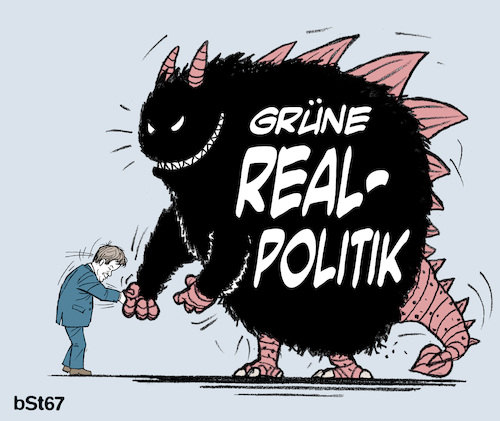 Cartoon: Devoter Habeck 1 (medium) by bSt67 tagged grüne,habeck,zeitenwende,bundesminister,wirtschaft,klimaschutz,monster,biest,flüssiggas,katar,realpolitik,kompromiss,schmutzig,moral