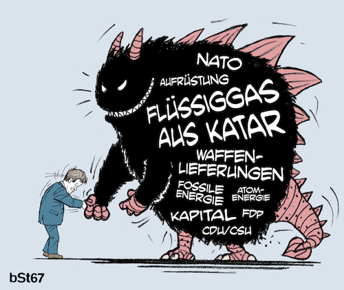 Cartoon: Devoter Habeck 2 (medium) by bSt67 tagged grüne,habeck,zeitenwende,bundesminister,wirtschaft,klimaschutz,monster,biest,flüssiggas,katar,realpolitik,kompromiss,schmutzig,moral,cdu,csu,fdp,nato,waffenlieferungen,aufrüstung,atomenergie,energiewende,kapital