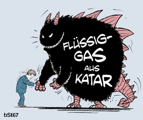 Cartoon: Devoter Habeck 3 (medium) by bSt67 tagged grüne,habeck,zeitenwende,bundesminister,wirtschaft,klimaschutz,monster,biest,flüssiggas,katar,realpolitik,kompromiss,schmutzig,moral