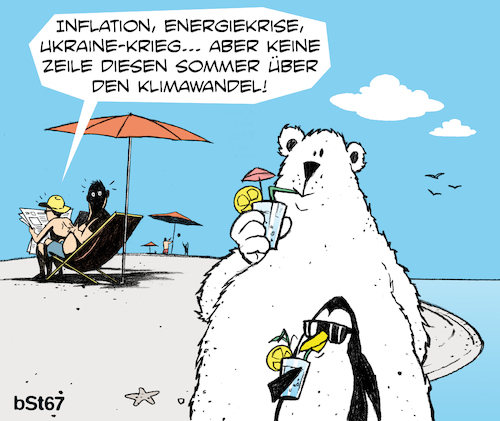 Cartoon: Krisensommer (medium) by bSt67 tagged sommer,strand,sandstrand,urlaub,ferien,urlauber,meer,sonne,schatten,presse,klimakrise,energiekrise,ukrainekrieg,eisbär,pinguin,drink,cocktail,sommerdrink