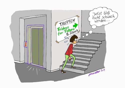 Cartoon: 8.Stock- Fridays for future (medium) by Jens Natter tagged fridays,for,future,fahrstuhl,treppe,natur,klima,umwelt,meetig,gag,cartoon,comic,zeichnung,fridays,for,future,fahrstuhl,treppe,natur,klima,umwelt,meetig,gag,cartoon,comic,zeichnung