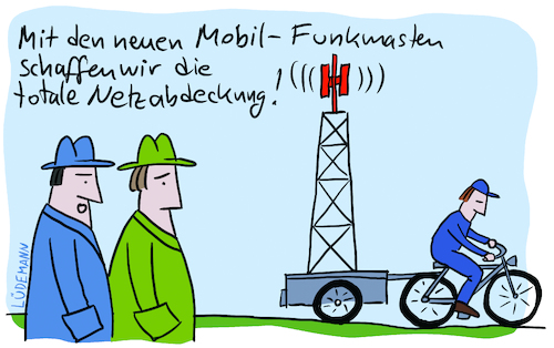 Cartoon: Mobile Funkmasten (medium) by Lüdemann tagged 3g,4g,lte,mobilfunk,mobilfunkmasten,mobilfunkmast,netzabdeckung,bundesnetzagentur,handy,funkloch,unterbrechung,telefon,telefonieren,verbindung,mobile,sendemast,funkmast,standard,generation,mobilfunkstandard,mobilfunkausbau,3g,4g,lte,mobilfunk,mobilfunkmasten,mobilfunkmast,netzabdeckung,bundesnetzagentur,handy,funkloch,unterbrechung,telefon,telefonieren,verbindung,mobile,sendemast,funkmast,standard,generation,mobilfunkstandard,mobilfunkausbau