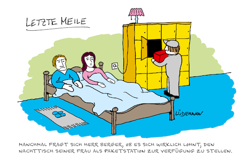 Cartoon: Pakete auf der Letzten Meile (medium) by Lüdemann tagged logistik,schlafzimmer,bett,paket,päckchen,abholung,lieferung,zustellung,depot,deponieren,paketstation,kep,expressdienst,paketdienst,dhl,ups,dpd,hermes,weihnachten,letzte,meile,transport,versandhandel,amazon,prime,locker,logistik,schlafzimmer,bett,paket,päckchen,abholung,lieferung,zustellung,depot,deponieren,paketstation,kep,expressdienst,paketdienst,dhl,ups,dpd,hermes,weihnachten,letzte,meile,transport,versandhandel,amazon,prime,locker