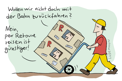 Cartoon: Per Retoure Reisen (medium) by Lüdemann tagged dhl,deutsche,post,ups,hermes,fedex,dpd,kep,paketdienst,expressdienst,kurierdienst,retoure,retour,pakete,bahn,reise,kosten,wirtschaft,citylogistik,innenstädte,zustellung,fahrtkosten,bestellung,amazon,zalando,onlinehandel,handel,lieferung,kurier,express,kep,paketdienst,expressdienst,kurierdienst,retoure,retour,pakete,reisen,bahn,reisekosten,wirtschaft,citylogistik,innenstädte,post,zustellung,billig,günstig,fahrtkosten,alternative,antriebe,bestellung,amazon,zalando,onlinehandel,handel,internet,stationär,porto,kosten,lieferung,anlieferung