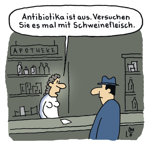 Cartoon: Antibiotika Mangel (medium) by Lo Graf von Blickensdorf tagged apotheke,tetrazyklin,rückstände,antibiotika,antibiotikum,apothekerin,kunde,patient,karikatur,lo,graf,cartoon,schweinefleisch,apotheke,tetrazyklin,rückstände,antibiotika,antibiotikum,apothekerin,kunde,patient,karikatur,lo,graf,cartoon,schweinefleisch