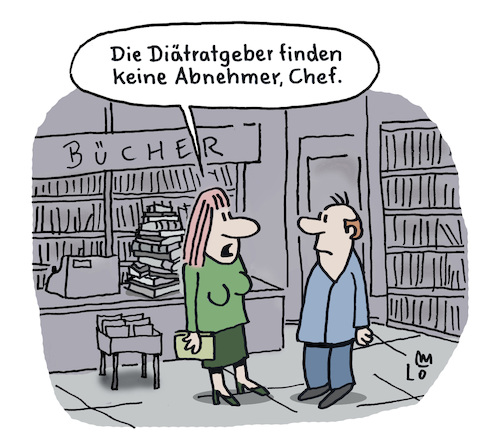 Cartoon: Diätratgeber (medium) by Lo Graf von Blickensdorf tagged buchhandlung,diätratgeber,diät,verkäuferin,buchhändlerin,karikatur,lo,graf,cartoon,bücher,verlag,abnehmen,fett,übergewicht,ernährung,fasten,intervallfasten,inventur,chef,buchhandlung,diätratgeber,diät,verkäuferin,buchhändlerin,karikatur,lo,graf,cartoon,bücher,verlag,abnehmen,fett,übergewicht,ernährung,fasten,intervallfasten,inventur,chef