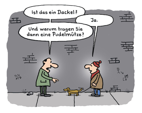 Cartoon: Dumme Frage (medium) by Lo Graf von Blickensdorf tagged hund,dackel,vierbeiner,pudel,gassi,gehen,karikatur,lo,cartoon,kopfbedeckung,kleidung,mütze,hundehalter,pudelmütze,übergangskleidung,frage,straße,nonsens,hund,dackel,vierbeiner,pudel,gassi,gehen,karikatur,lo,cartoon,kopfbedeckung,kleidung,mütze,hundehalter,pudelmütze,übergangskleidung,frage,straße,nonsens