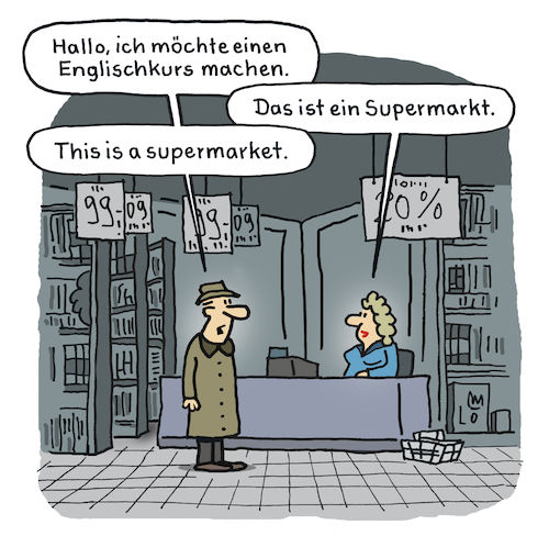 Cartoon: Englischkurs (medium) by Lo Graf von Blickensdorf tagged englischkurs,sprachkurs,supermarkt,supermarket,verkäuferin,mann,frau,karikatur,lo,graf,cartoon,lebensmittel,missgeschick,missverständnis,kommunikation,peinlichkeit,cdu,fdp,unterricht,englischkurs,sprachkurs,supermarkt,supermarket,verkäuferin,mann,frau,karikatur,lo,graf,cartoon,lebensmittel,missgeschick,missverständnis,kommunikation,peinlichkeit,cdu,fdp,unterricht